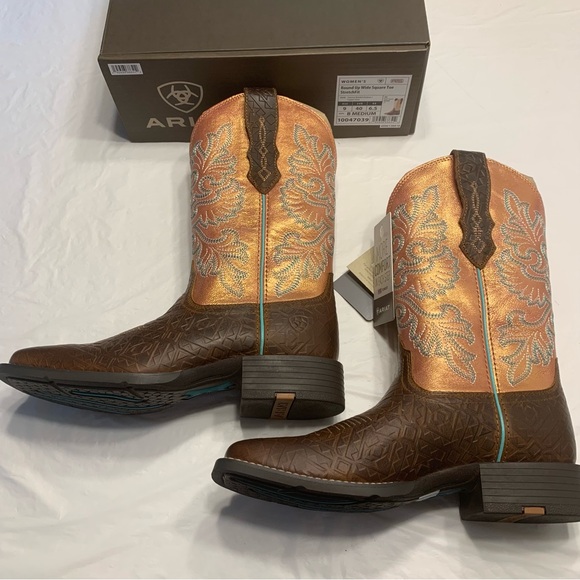 Ariat Round Up Wide Square Toe StretchFit Boots Womens 9 Toasted Blanket New - Picture 2 of 7